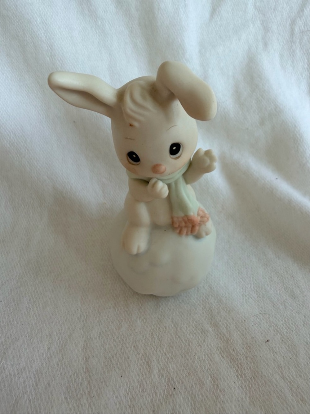 Precious Moments White Bunny Figurine with Pastel Green Scarf and Pink Flowers
